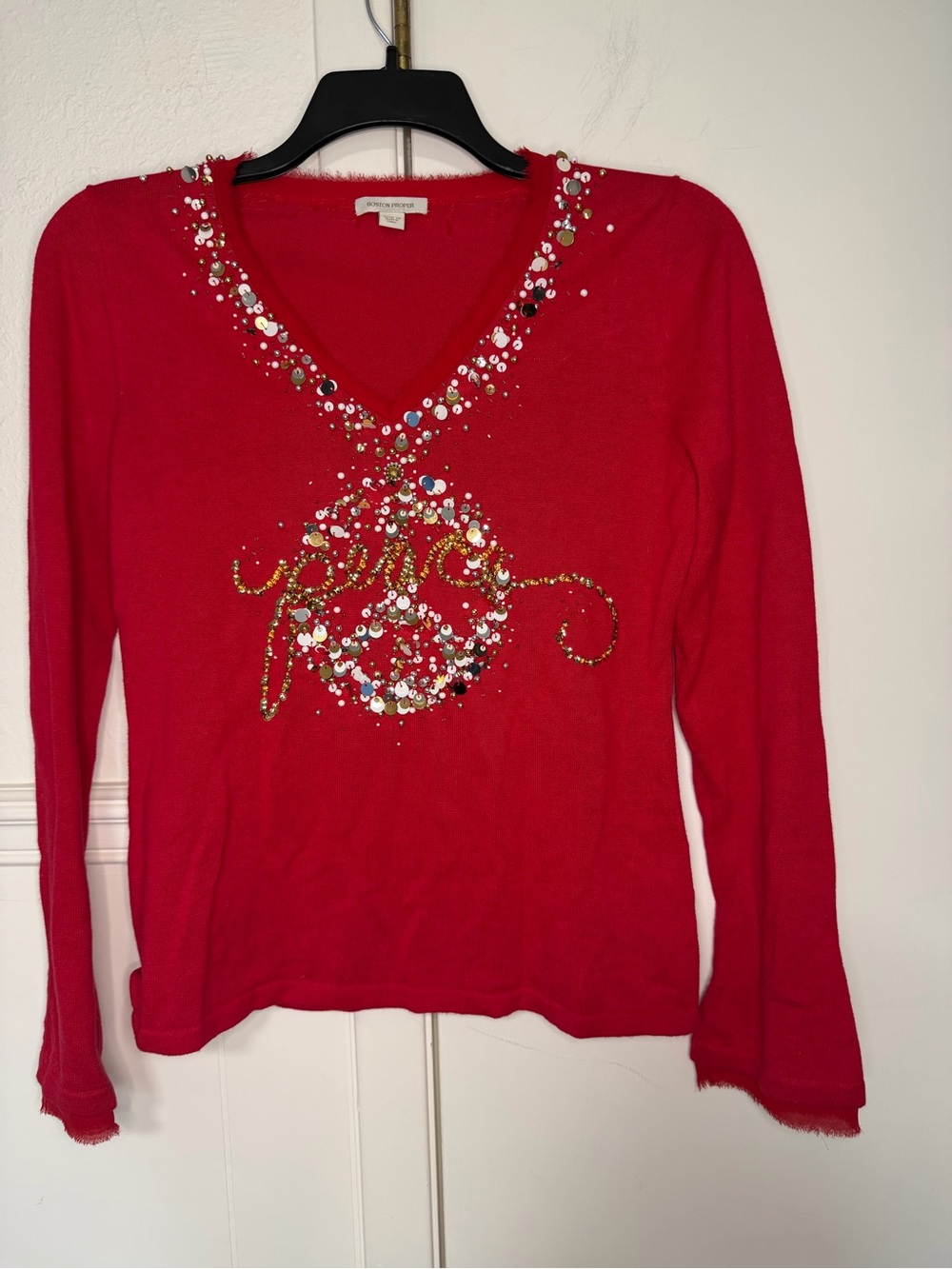 Boston Proper Red V-Neck Long Sleeve Embellished Sweater Top size M